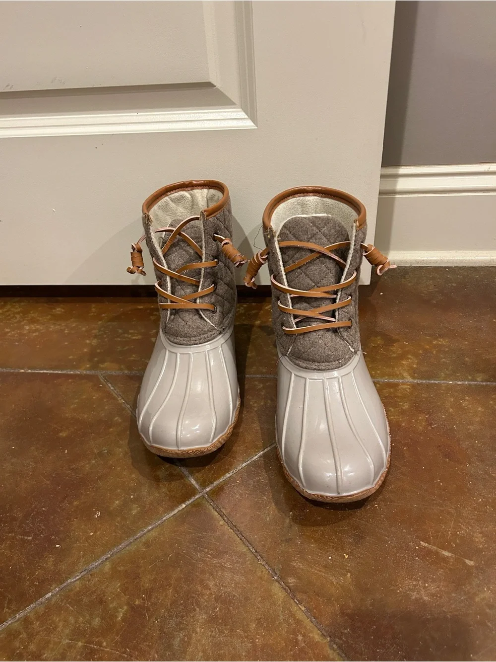 Women’s Gray Winter Duck Boots with Tan Trim